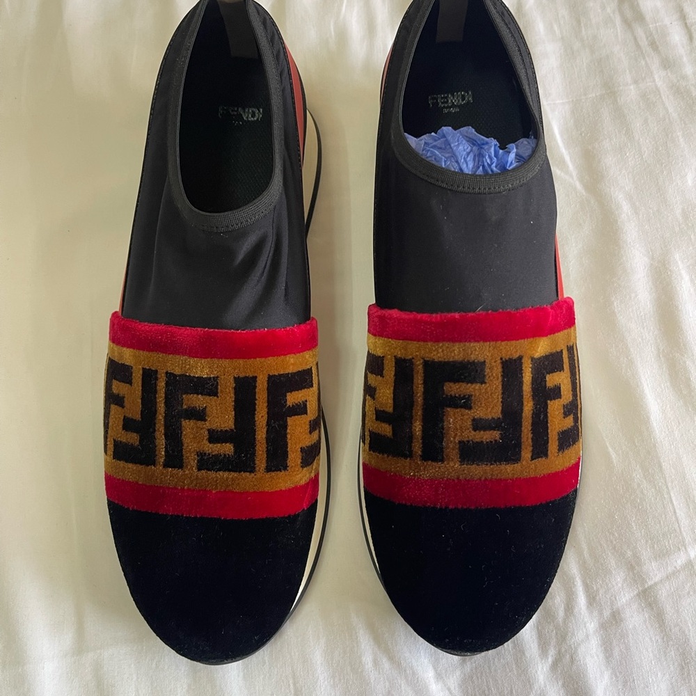 Fendi Womens Black and Red Slip-On Shoes